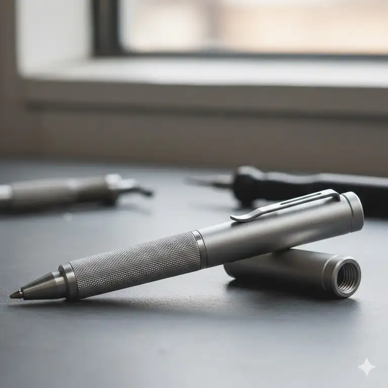 A close-up shot of a meticulously crafted machined pen made from aerospace-grade aluminum, showcasing its knurled grip and clean, industrial design.