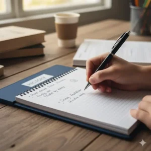 A tablet screen showing an app interface with clearly labelled digital folders for various notebook subject areas.