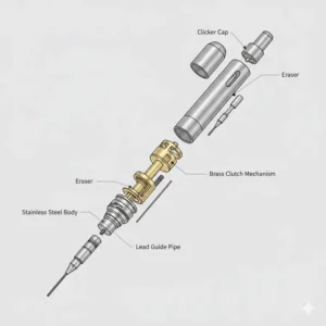 Detailed exploded view diagram showing the high-precision internal parts of a machined pencil.