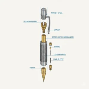 An exploded view diagram showing the high-quality internal components of a titanium mechanical pencil.