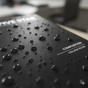 Close-up showing the durable water-resistant cover of a mead five star composition notebook.
