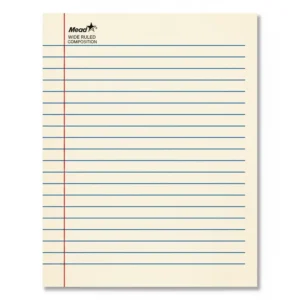 Close-up of the high-quality white paper inside a mead five star composition notebook wide ruled showing the blue lines.