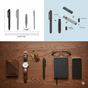 An illustration comparing the size of a standard pen next to three different options for the best pocket pen, showing their compact, carry-friendly dimensions.