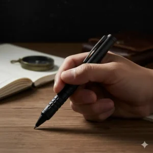 Close-up of a person gripping the best tactical pen firmly, demonstrating a comfortable and reliable self-defense tool.
