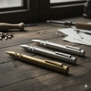 A set of three different machined pens showing off various materials: raw brass, titanium, and stainless steel, highlighting the distinct finishes of each.