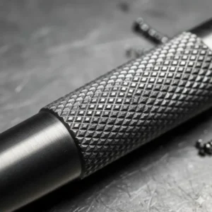 Macro photography highlighting the textured diamond-pattern knurled grip of a custom machined pencil.