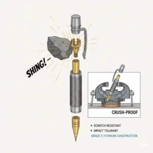 An illustration demonstrating the extreme durability and strength of a titanium mechanical pencil.