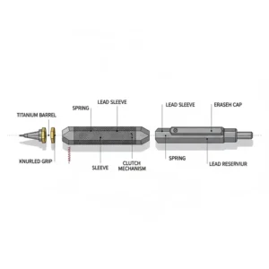 Exploded view illustration showing the internal lead mechanism of a heavy-duty titanium pencil.