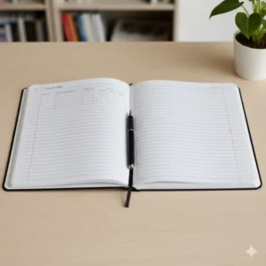 The interior college ruled white paper of an open mead five star composition notebook.