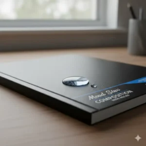 The water-resistant plastic cover of a mead five star composition notebook wide ruled protecting it from spills.