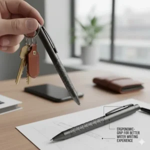 A photograph showing a durable metal pocket pen being dropped onto a hard surface to demonstrate the ruggedness of the best pocket pen materials.