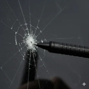 Detailed view of the hardened tungsten carbide tip designed as a glass breaker on the best tactical pen.