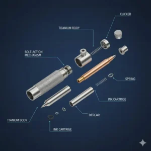 A diagram or exploded view illustrating the precision-engineered bolt-action or click mechanism of a high-end machined pen.