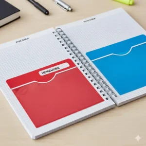 Interior view of a graph ruled five star notebook showcasing the tear-resistant pocket dividers and organizational features.