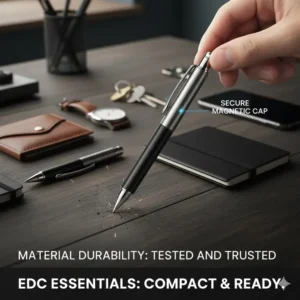 A miniature, stylish pocket pen attached to a set of keys, illustrating how this type of pocket pen is convenient for everyday carry (EDC).