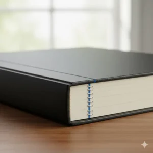 A detailed view of the secure sewn binding on a mead five star composition notebook wide ruled for long-lasting use.
