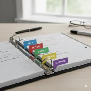 Detailed view of tab dividers used inside a binder to separate content by notebook subject easily.