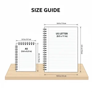 An illustrated size guide comparing different versions of a spiral notebook with spiral on top.