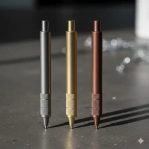 A variety of luxury metal finishes including titanium and brass for a high-end machined pencil.