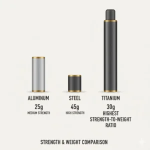 A technical comparison chart highlighting the lightweight properties of a titanium mechanical pencil.