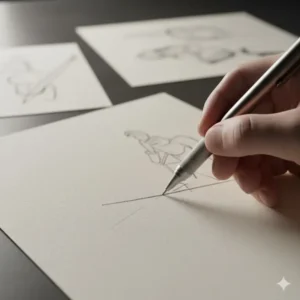 Close-up of a hand sketching on high-quality paper using a matte finish titanium pencil.