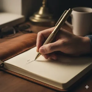 A professional's hand writing notes on a leather notebook using a smooth-gliding machined pen to demonstrate its comfortable grip and balance.