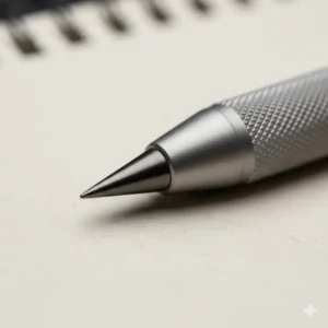 Macro view of a solid titanium alloy eternal nib of a titanium pencil that never needs sharpening.