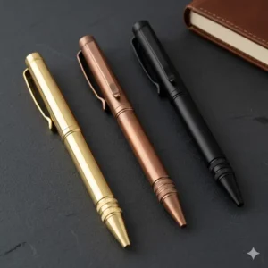 Group photo comparing three of the best machined pens made from different metals: polished brass, copper, and matte black aluminum.