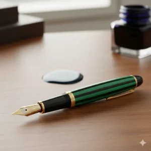 Detail shot of a Pelikan Souverän fountain pen, known for its reliable piston-filling mechanism and striped barrel from the top fountain pen brands.