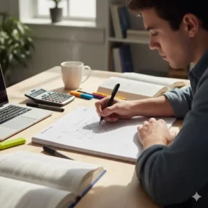 A student drawing a geometric diagram or plotting data on the pages of the graph ruled five star notebook.