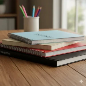 A stack of different types of paper, including lined, grid, and blank, representing various formats for a specific notebook subject.