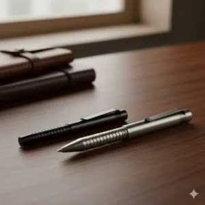 A side-by-side comparison of a compact pocket-sized machined pen next to a full-sized desk model, emphasizing different EDC options.