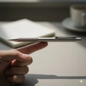 A titanium pencil balanced on a finger to demonstrate its ergonomic weight distribution.