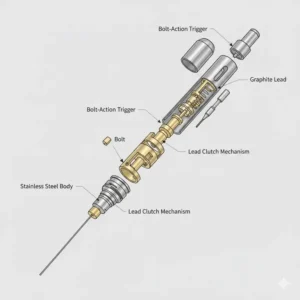 Side profile showing the unique bolt-action lead advancement mechanism of a machined pencil.