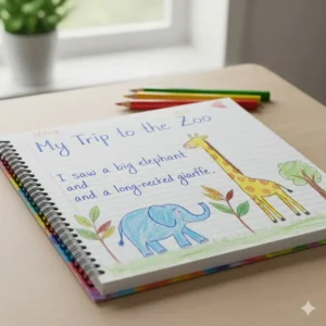 An open elementary student's notebook subject showing simple handwriting and a colored drawing.