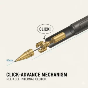 Illustration of the advanced internal lead advancement mechanism inside a titanium mechanical pencil.