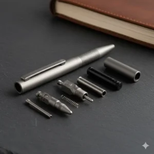 A clear photo showing the different internal components of the best machined pens when fully disassembled, including the refill spring and inner tube.