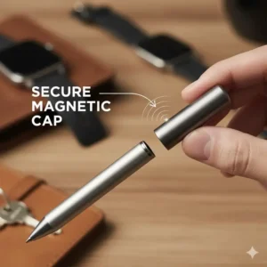 A close-up view of a small pocket pen with a strong magnetic cap, emphasizing the secure closure mechanism of a quality best pocket pen.