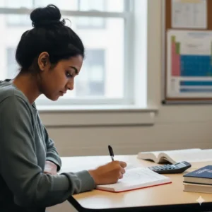 A student using a mead five star composition notebook for school notes and assignments.