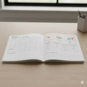 The inside front cover of a mead five star composition notebook wide ruled featuring a class schedule and conversion tables.