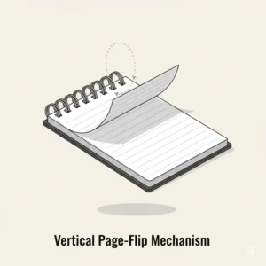 Illustration of the vertical page flipping mechanism of a spiral notebook with spiral on top.