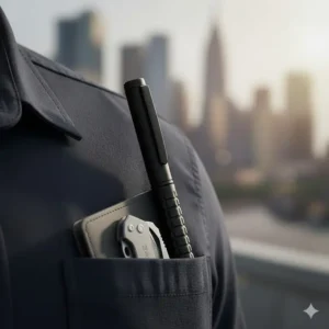 The sturdy clip of the best tactical pen secured to a shirt pocket, showing how easily this essential EDC gear can be carried.