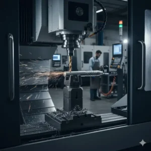 A photograph of a CNC machine cutting a component for a custom machined pen body from a solid metal bar, highlighting the manufacturing precision.