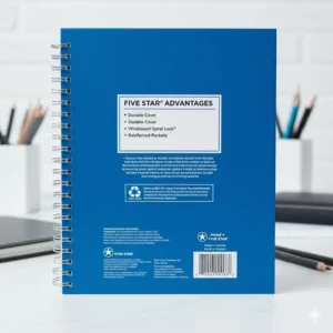 Clear image of the back cover of the graph ruled five star notebook, showing product information and features.