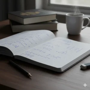 A college-ruled composition book open to complex equations, demonstrating an advanced notebook subject like physics or calculus.