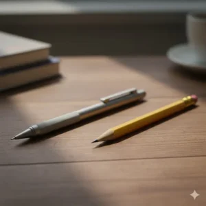 A side-by-side comparison of a modern titanium pencil and a traditional cedar wood pencil.