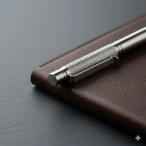 A durable machined pocket clip securing one of the best machined pens to a leather-bound notebook, showing its practicality for EDC (Everyday Carry).