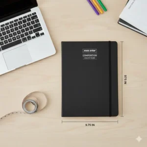 Top-down view showing the standard portable dimensions of a mead five star composition notebook.