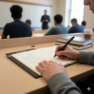 A student writing their class notes in a mead five star composition notebook wide ruled during a lecture.