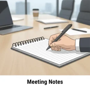 A professional steno-style spiral notebook with spiral on top used in a business meeting.